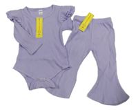 Nové - 2Set - Fialové žebrované body s volánky + flare kalhoty SHEIN