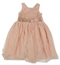 Světlerůžové tylové slavnostní šaty s flitry a 3D květy H&M