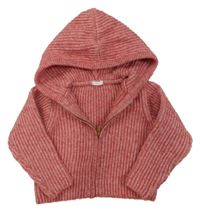 Růžovo-červený melírovaný žebrovaný propínací crop svetr s kapucí Next