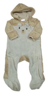 Béžovo-bílá plyšová kombinéza s medvídkem a kapucí baby mack