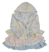 Bílo-světlemodro/růžová puntíkatá šusťáková podzimní parka se srdíčky a volánky a kapucí CA Dee
