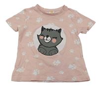 Růžové tričko s kočkou a tlapkami Kids