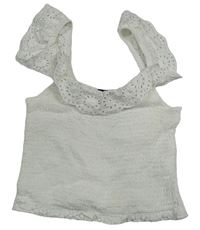 Bílý žabičkový crop top s volánky s madeirou New Look
