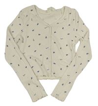 Smetanové květované žebrované crop triko s knoflíky H&M