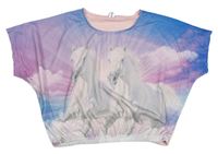 Modro-růžovo-lila crop tričko s koňmi zn. Yigga