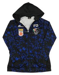 Černo-modrá vzorovaná sportovní propínací mikina s potiskem a kapucí