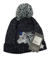 Nové - Tmavomodrá třpytivá pletená čepice s jednorožcem a bambulí