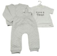 Nové - 3set - Bílé tričko s nápisem + světlešedá melírovaná prošívaná propínací mikina + tepláky Matalan