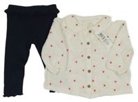 Nové - 2set - Smetanová mušelínová halenka se srdíčky + tmavomodré žebrované legíny s volánem