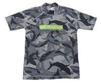 Šedo-černé vzorované UV tričko se žraloky a nápisem Next
