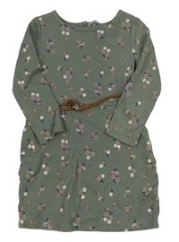Khaki květované teplákové šaty s páskem H&M