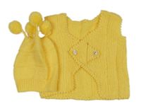 2 set - žlutá pletená propínací vesta + pletená čepice s bambulkami 