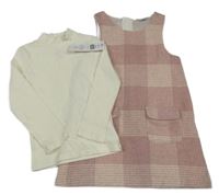 Nové - 2 set - smetanové žebrované triko + růžové kostkované vlněné šaty F&F