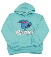 Světlemodrá lehká mikina s potiskem a kapucí 