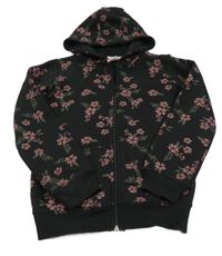 Černo-růžová květovaná propínací mikina s kapucí Y.F.K.