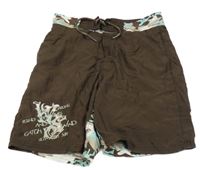 Hnědo-modré plážové kraťasy s army vzorem 