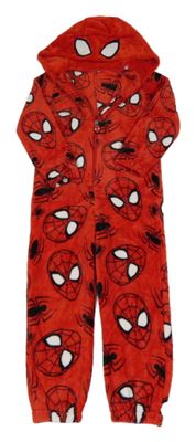 Červená chlupatá kombinéza se Spidermanem a kapucí