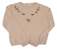 Světlerůžový svetr se sobem a flitry H&M