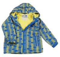 Tmavomodro-žlutá pruhovaná voděodolná lehce zateplená bunda s velrybami a kapucí 