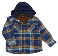 Modro-světlemodro-okrová kostkovaná zateplená košilová bunda s kapucí Next