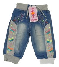 Nové - Světlemodro-šedé teplákové cuff rifle s motýlky a úpletovým pasem zn.