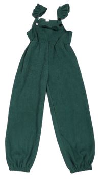 Zelené žebrované sametové laclové kalhoty s volánky a mašlí Shein