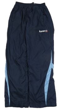 Tmavomodro-světlemodré šusťákové kalhoty s nápisem 