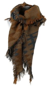 Dámská skořovo-tmavomodrá vzorovaná pletená teplá šála s třásněmi 