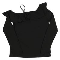 Černé žebrované triko s volánkem Shein