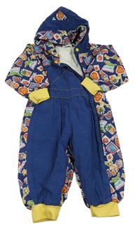 Tmavomodrá šusťákovo/plátěná lehce zateplená kombinéza s obrázky a kapucí 