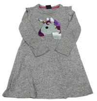 Šedé pletené šaty s flitry a jednorožcem 