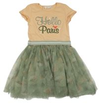 Oranžovo-khaki šaty s nápisy a tylovou sukní s květinami KIDS