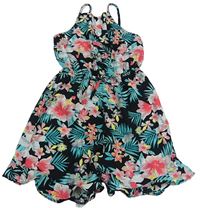 Černo-zeleno-růžový květovaný lehký kraťasový overal s listy Primark