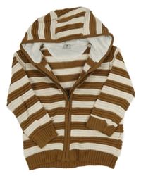 Hnědo-bílý pruhovaný propínací svetr s kapucí Tu