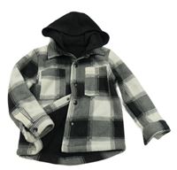 Černo-šedá kostkovaná plyšová zateplená košilová bunda s kapucí dunnes