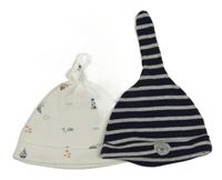 2x čepice - tmavomodro-bílá pruhovaná + bílá s obrázky 