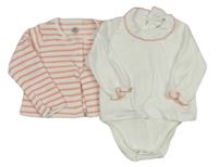 2set - Bílo-lososová pruhovaná froté mikina + bílé body Petit Bareau