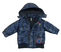 Černo-modrá kostkovaná šusťáková zimní bunda s odepínací kapucí 