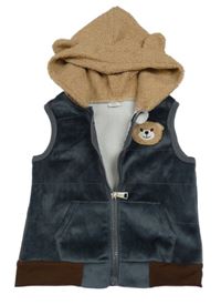 Tmavošedo-béžová plyšovo/huňatá vesta s medvídkem a kapucí 