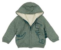 Zeleno-bílý melírovaný propínací zateplený svetr s dinosaurem a kapucí George