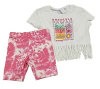 Nové - 2set - Bílé crop tričko s třásněmi + růžovo-bílé batikované legínové kraťasy Primark