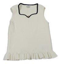 Smetanový žebrovaný úpletový top s černým výstřihem River Island