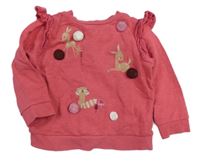 Jahodová melírovaná mikina se zvířátky a bambulkami a volánky s madeirou Mothercare