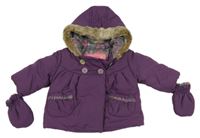 Purpurová šusťáková zimní bunda s kapucí s kožešinou + rukavice M&S
