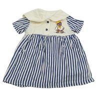 Námořnicky modro-bílé šaty s medvídkem a límcem