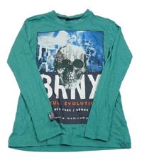 Modrozelené melírované triko s lebkou Y.F.K.