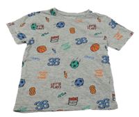 Šedé melírované tričko s míči a čísly PRIMARK