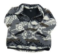 Šedo-bílo-černo-hnědá vzorovaná huňatá podšitá bunda s límečkem Next