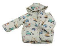 Světlešedá prošívaná šusťáková zimní bunda se stavebními stroji a kapucí PRIMARK