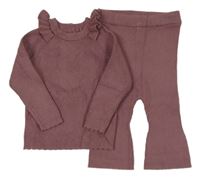 2Set - Hnědofialový žebrovaný úpletový svetr s volánky + flare kalhoty Tu